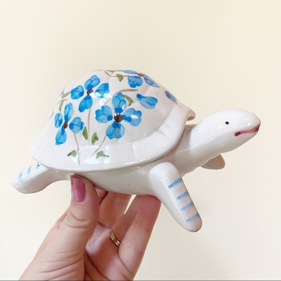 Vintage Hand Painted Floral Turtle Dish Figure